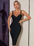 Women Spaghetti Strap Black Bandage Dress Sexy V Neck Sleeveless Summer Party Celebrity Evening Club Bodycon Dress