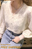4XL New Lace Blouse Women Korean Hollow Out V Neck Long Sleeve Shirt Ladies Spring Crochet Lace Solid Tops Blusa
