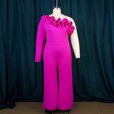 Fongt Single Shoulder Collar Wood-Eared Jumpsuit Commuting Wind High Waist Casual Tights Jumpsuit