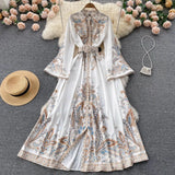 Fongt And Autumn Retro Collar Horn Sleeve Print Dress Women In Court Style Over The Long Skirt