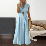 New Long Cotton Linen Buttons Downs Shirt Dress Simple Loose Turn-down Neck Temperament Sleeveless Dress Women Dress-Outfit
