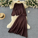 Fongt Windy Woman Languid Languid Breeze With Long-Sleeved Knitted Shirt + High Waist Swing Sweater Half-Dress Skirt