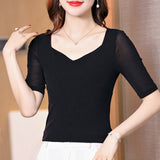 Half Sleeve T Shirt Women Spring Summer Black Tee Shirts V Neck Tops Femme Stretchy T-Shirts-Outfit