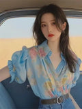 Fongt Spring And Summer New Small Shirt French Single Special Top Design Small Smell Blue Printed Shirt