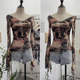 Fongt Shooting Strapped With Hollow Retro Print Long-Sleeved Mesh T-Shirt Ribbon Design Spring And Summer Top 1195