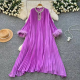 Fongt Elegant Dress Women's Autumn 2025 New Heavy Industry Diamond-Strowing Round Collar Loose Hair Splicing 100-Folded Long Dress