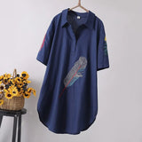 Arrival Women Feather Embroidery Long Cotton White Blouse Summer Short Sleeve White Female Shirt Turn-Down Collar Top