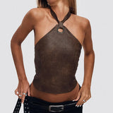 Fongt Culture Leather Splicing Vest Ancient Early Do Old Sexy Bare Back Belt Belt Short Hanging Neck Sling Woman