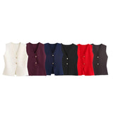 Fongt Women's Solid-Colored Gold Button-Wear Knitted Vest Top