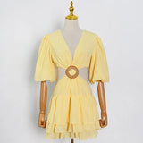 TWOTWINSTYLE White Sexy Dress For Women V Neck Lantern Half Sleeve Hollow Out High Waist Mini Dresses Female Summer New