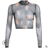 Fongt Summer Ins New Angel Print Mesh Short Crop Long Sleeve T-Shirt