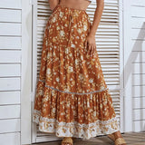 Beach Skirts Women High Waist Lace Ruffles Long Skirt Big Hem Floral Printing Casual Holiday Clothing
