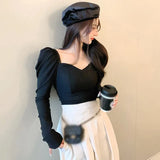 Women Off Shoulder Puff Ruffle Long Sleeve T Shirt Ladies Solid Casual Tops Solid Color-Outfit