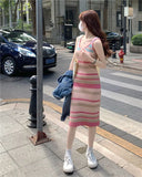 Dopamine Striped Knitted Sling Dress Autumn New Korean Version Of The Famous Mid-Long Waistcoat Skirt