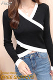 Mujer Black Knitted Crop Top Pullover Sweater Women 2023 Autumn Winter New Long Sleeve Sweaters Slim Elasticity