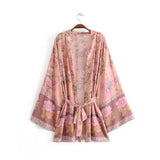 Women Bohemian Yellow V neck Flower Print Kimono Shirt Holiday Beach Tide Bow Sashes Mid Long Cardigan Blouse