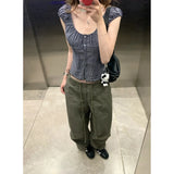 Fongt Temperament Lattice Square Collared T-Shirt Woman 2025 Summer To Collect Thin Niche Blouse Broad Leg Slack Suit