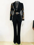 STREET Newest Fashion 2023 Designer Runway Suit Set Women's Colorful Diamonds Belted Blazer Flare Pants Suit