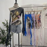 Fongt One-Shoulder Horn Long-Sleeved Mesh Yarn-Print T-Shirt With Short Tight Top 9915