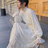 Sleeve Dress Women Lace Patchwork Autumn New Fashion Aesthetic Thick All-match Leisure Tender Simple Cozy Female